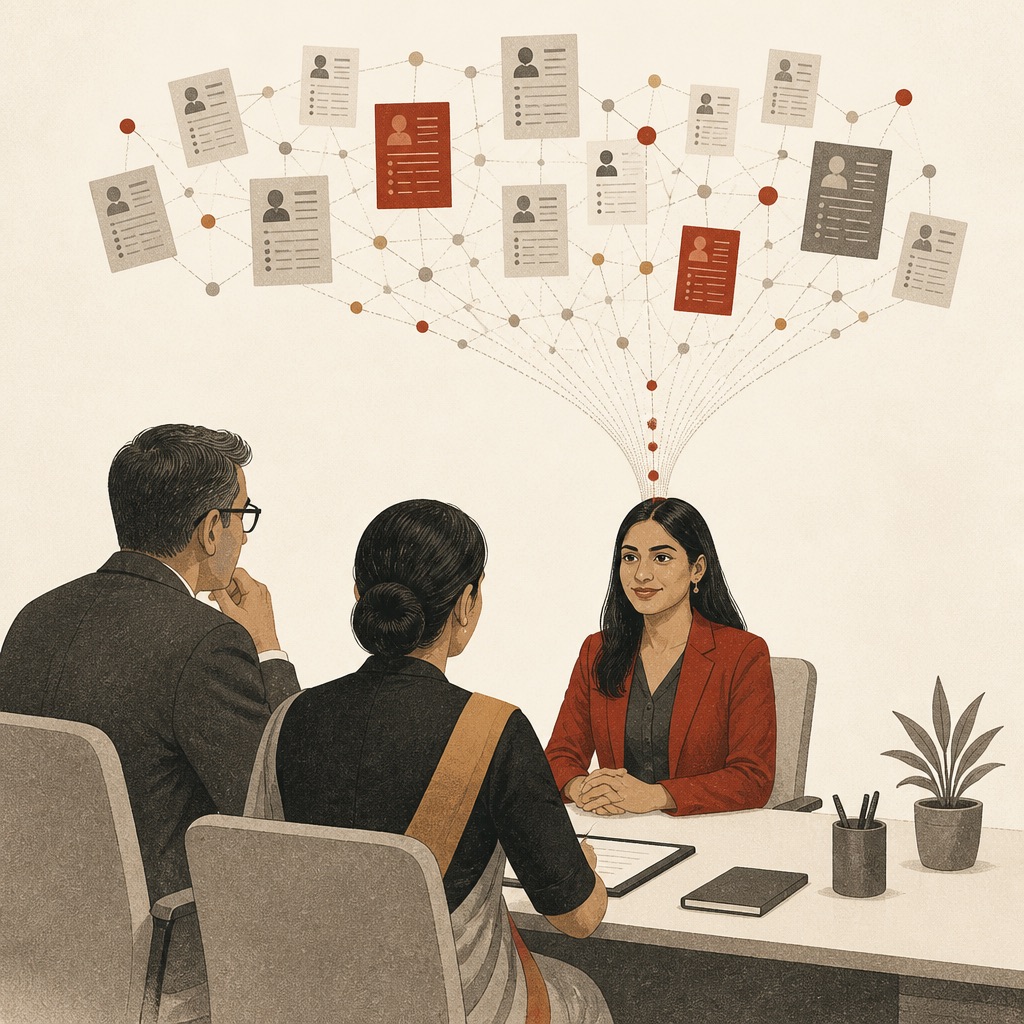 Illustration: a candidate interviewed while an intelligent system funnels hundreds of résumés down to one